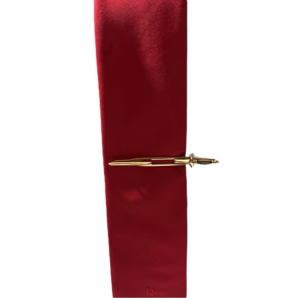 Vtg Signed Swank Gold Tone Sword Saber Shaped Nacre MOP Inlay Hilt Tie Clip 3.5”
